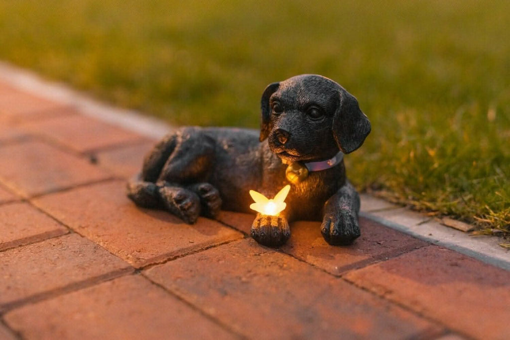 Statue de chiot avec lumière solaire papillon