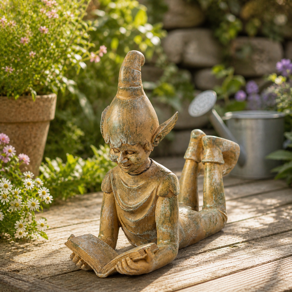 Grande Décoration de Jardin Elfe Liseur en Résine