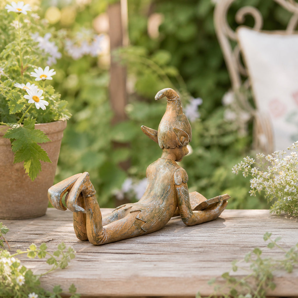 Grande Décoration de Jardin Elfe Liseur en Résine