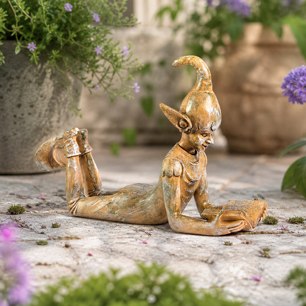 Grande Décoration de Jardin Elfe Liseur en Résine