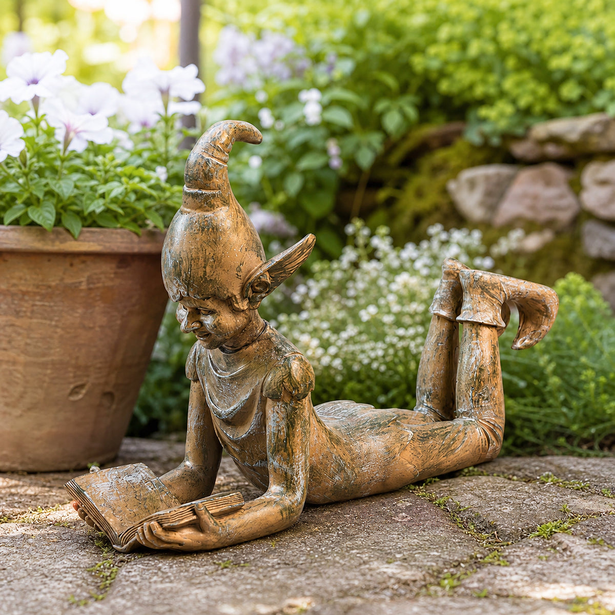Grande Décoration de Jardin Elfe Liseur en Résine