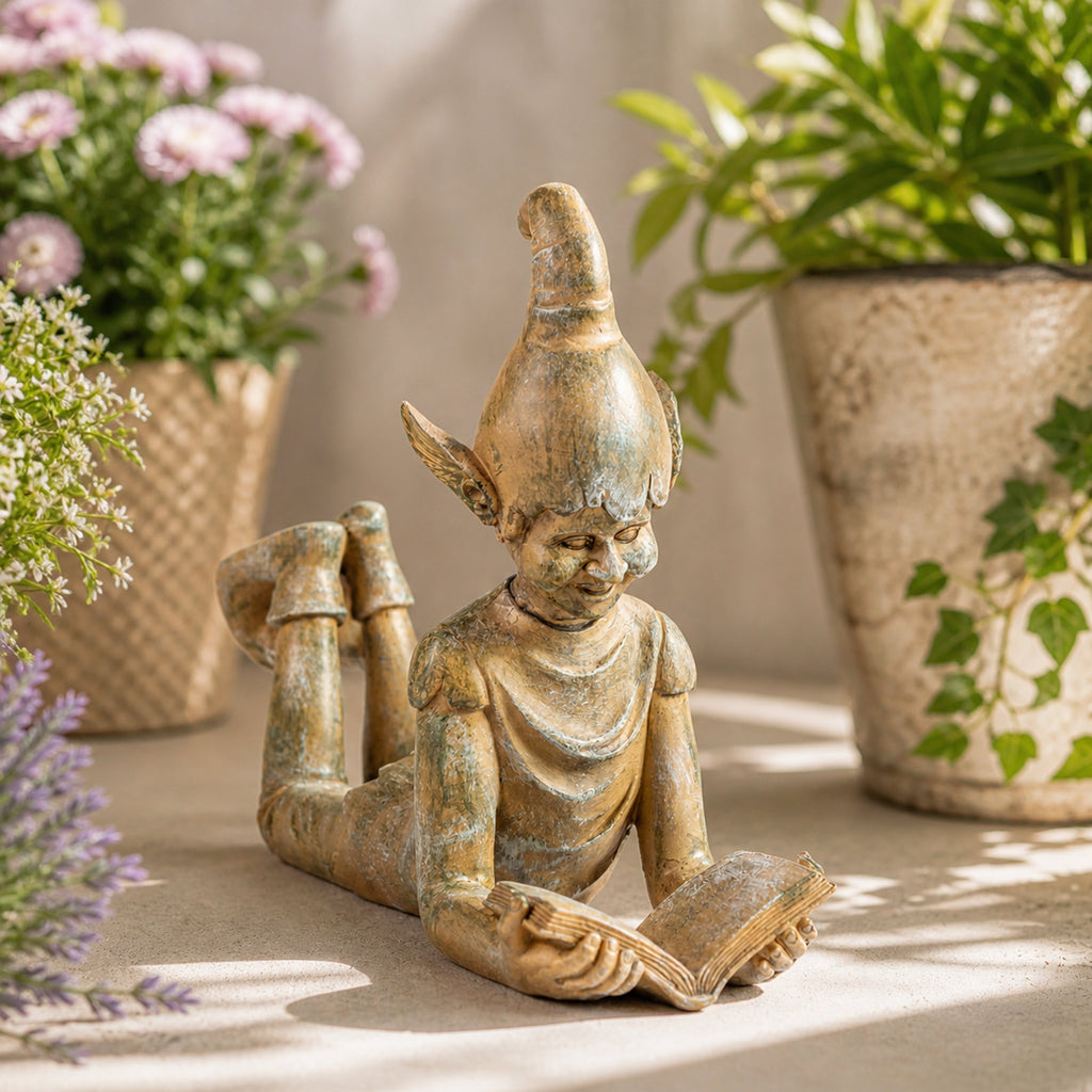 Grande Décoration de Jardin Elfe Liseur en Résine