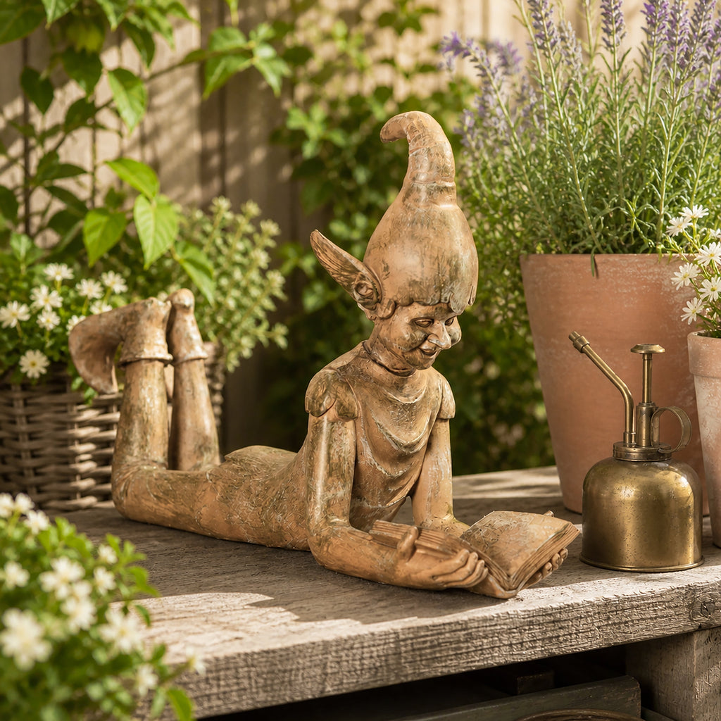 Grande Décoration de Jardin Elfe Liseur en Résine