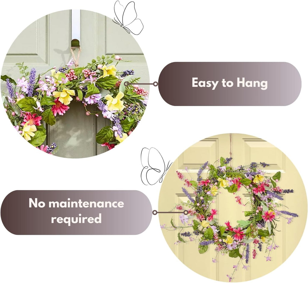 Couronne de printemps artificielle pour porte d'entrée 45 cm, guirlande florale