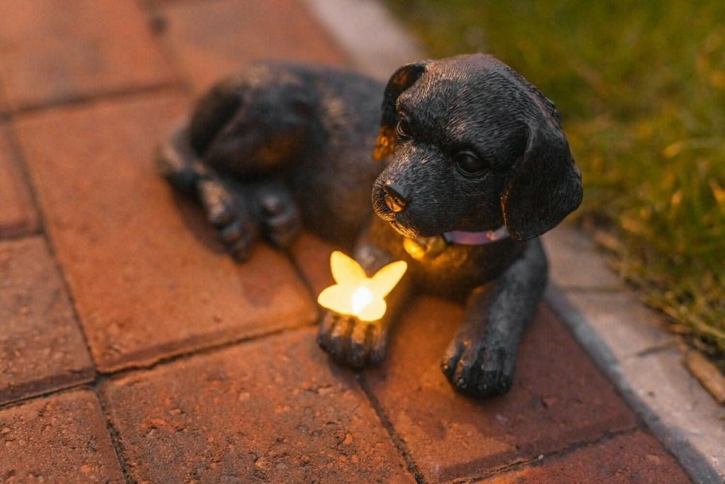 Statue de chiot avec lumière solaire papillon