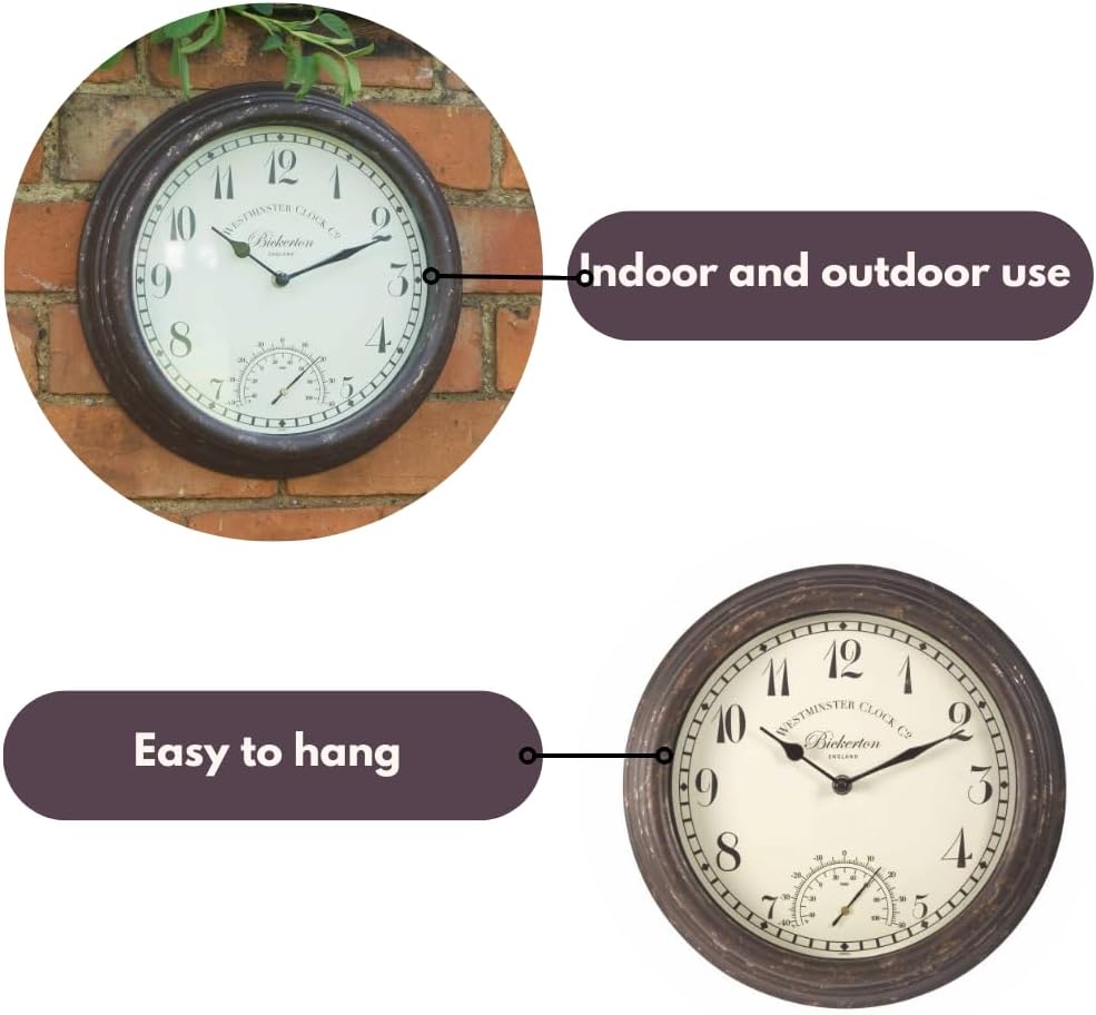 Horloge murale vintage 30 cm avec thermomètre en métal résistant aux intempéries