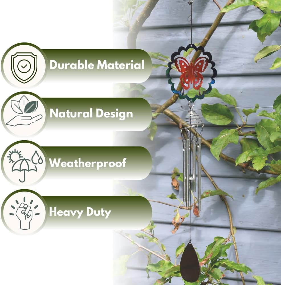 Carillon éolien papillon en métal de 47 cm - Décoration de jardin résistante aux intempéries