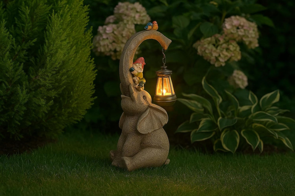 Nain de jardin éléphant solaire avec lanterne LED