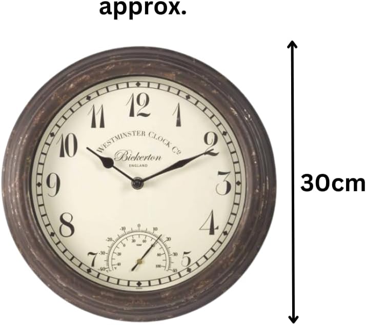 Horloge murale vintage 30 cm avec thermomètre en métal résistant aux intempéries