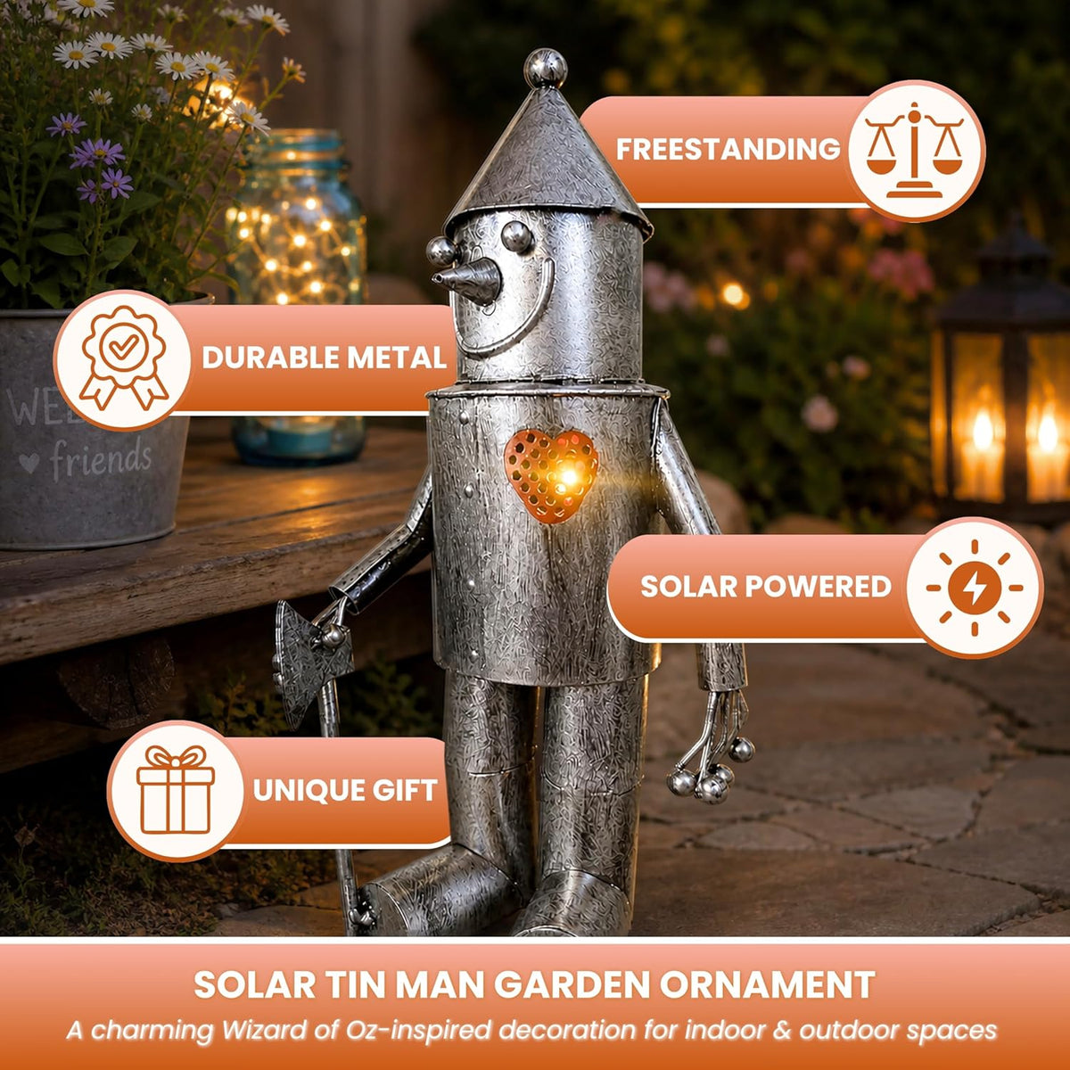Ornement de jardin homme en fer-blanc solaire avec cœur lumineux, statue en métal 30 cm