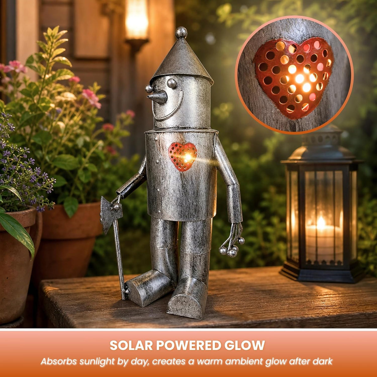 Ornement de jardin homme en fer-blanc solaire avec cœur lumineux, statue en métal 30 cm