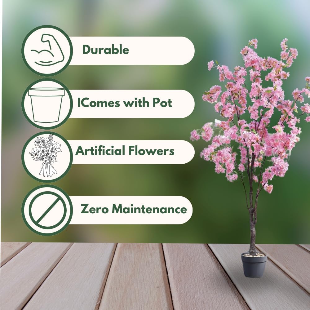 Cerisier artificiel en fleurs 140cm Rose en pot
