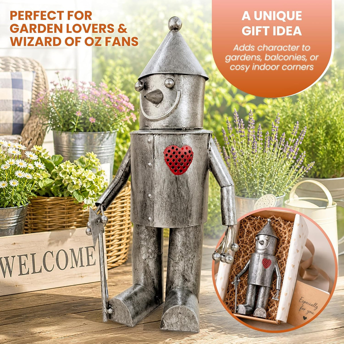 Ornement de jardin homme en fer-blanc solaire avec cœur lumineux, statue en métal 30 cm