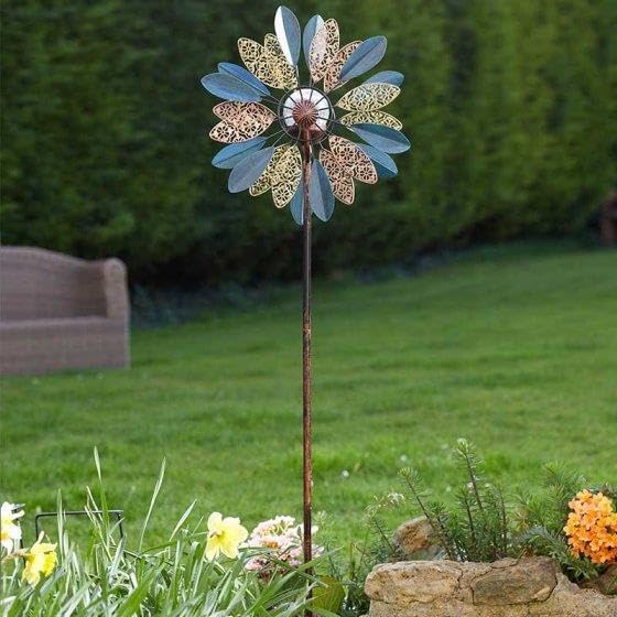 Moulin à vent solaire avec lumière LED Ornement de jardin cinétique