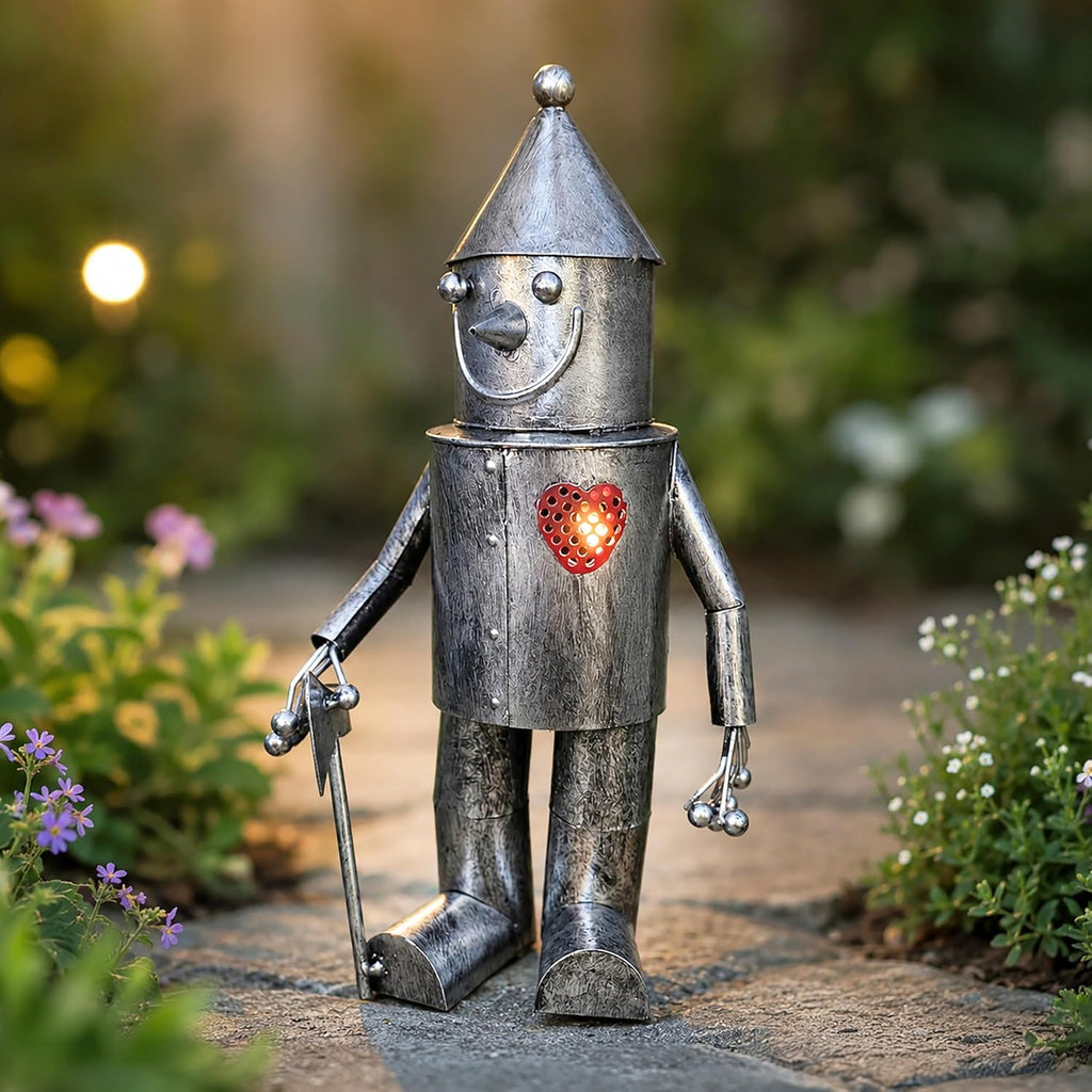 Ornement de jardin homme en fer-blanc solaire avec cœur lumineux, statue en métal 30 cm