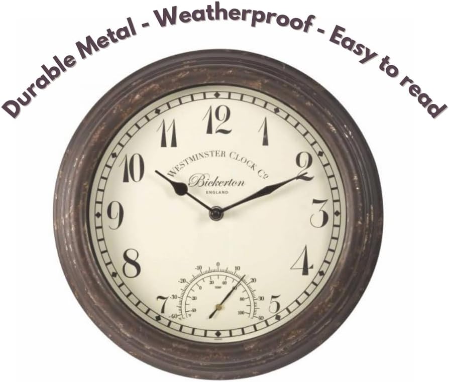 Horloge murale vintage 30 cm avec thermomètre en métal résistant aux intempéries